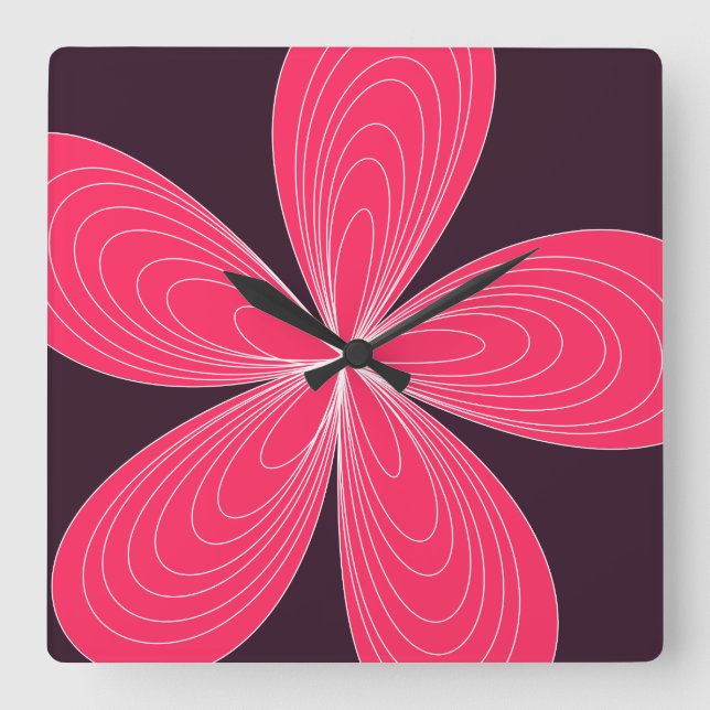 Pink 70's retro flower power square wall clock (Front)