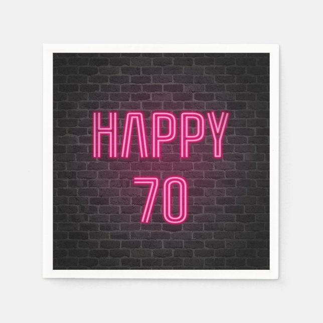 Pink 70th Birthday neon sign on brick wall Napkin (Front)