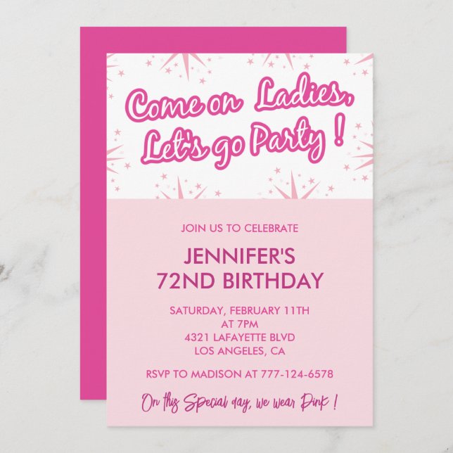 Pink 72nd birthday invitations Trendy Fun Girly (Front/Back)