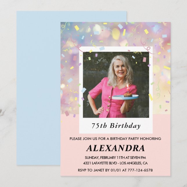 Pink 75th birthday invitations Confetti Photo  (Front/Back)