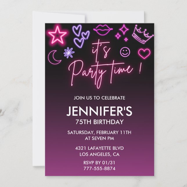 Pink 75th birthday invitations for her Modern Neon (Front)
