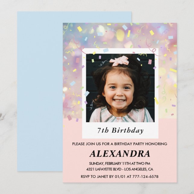 Pink 7th birthday invitations Confetti Photo  (Front/Back)