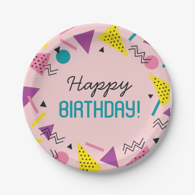 Pink 80s Pattern Birthday  Paper Plate (Front)