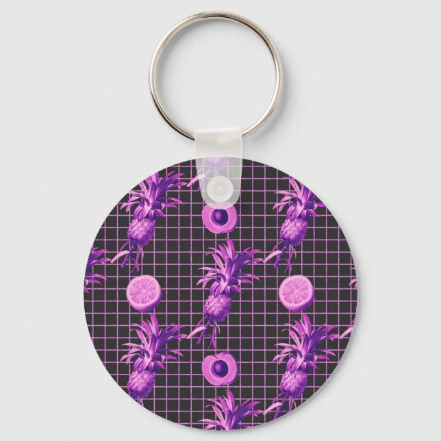 Pink 80s Pineapple Mango Lemon Pattern Key Ring (Front)