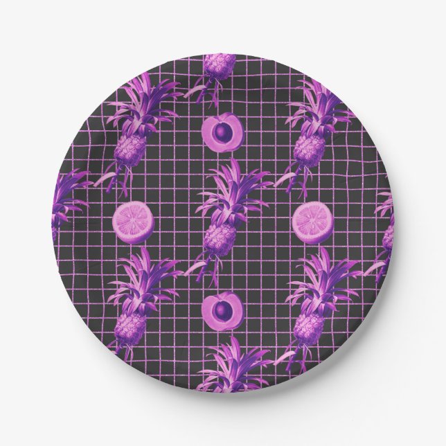 Pink 80s Pineapple Mango Lemon Pattern Paper Plate (Front)