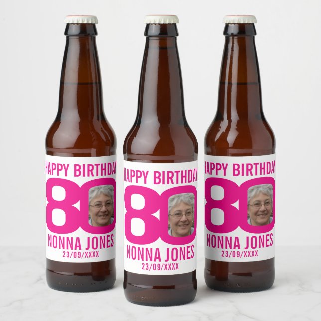 Pink 80th Birthday custom photo name label (Bottles)
