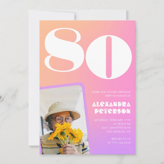 Pink 80th birthday invitations for her Retro Photo (Front)