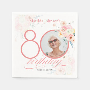 Pink 80th Birthday Watercolor Floral Custom Photo Napkin
