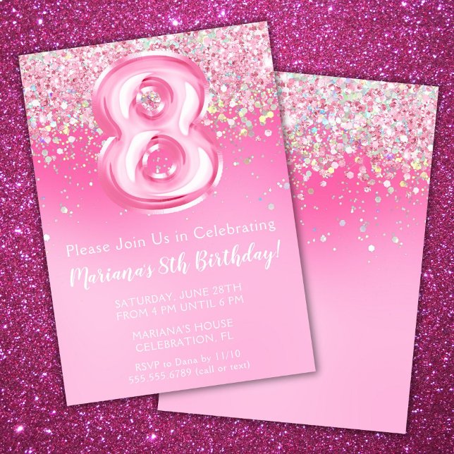 Pink 8th Birthday Invitation Girly Pink Glitter (Creator Uploaded)