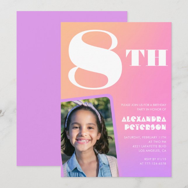 Pink 8th birthday invitations Colourful Photo (Front/Back)