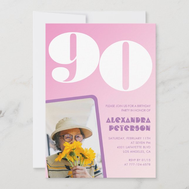 Pink 90th birthday invitations Retro Photo (Front)