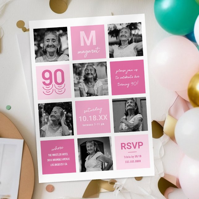 Pink 90th Photo Birthday Invitation (Creator Uploaded)
