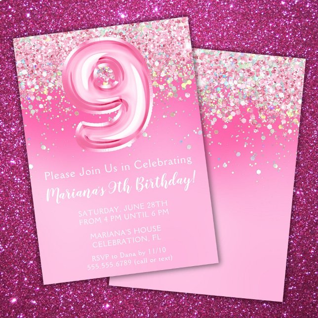 Pink 9th Birthday Invitation Girly Pink Glitter (Creator Uploaded)