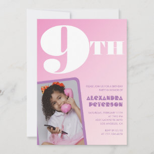 Pink 9th birthday invitations Girl Retro Photo