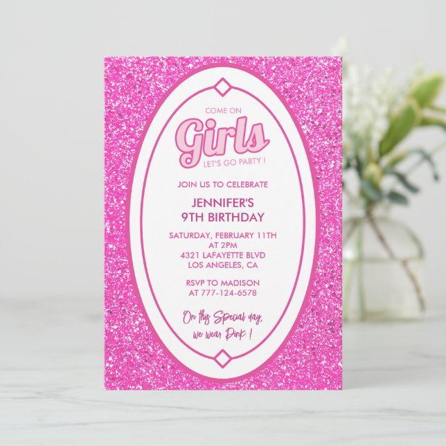 Pink 9th birthday invitations Glitter fushia (Standing Front)