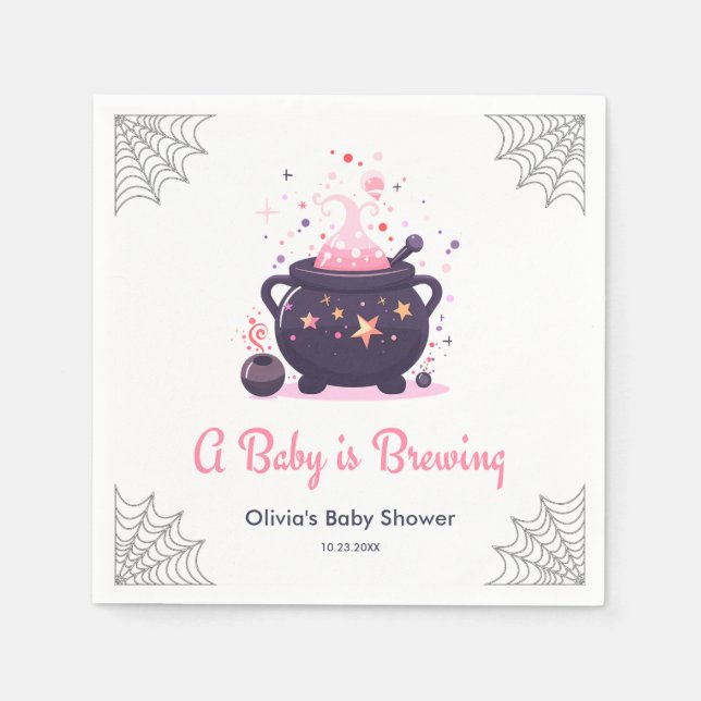 Pink A Baby is Brewing Halloween Baby Shower  Napkin (Front)