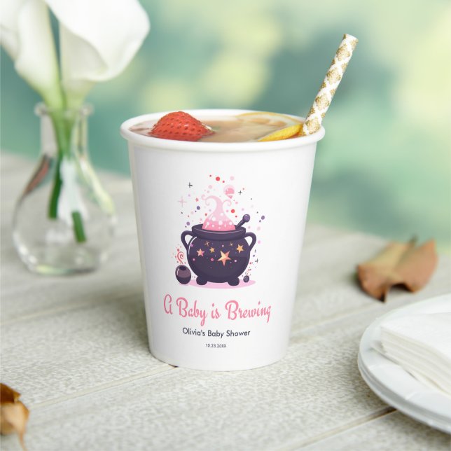 Pink A Baby is Brewing Halloween Baby Shower  Paper Cups (Insitu)