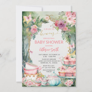 Pink A Baby Is Brewing Tea Party Baby Shower Invitation