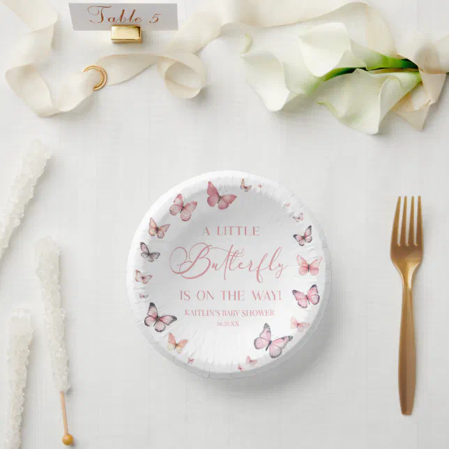 Pink a little butterfly is on the way baby shower paper plate zazzle