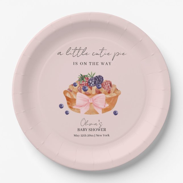 Pink A Little Cutie Pie Berry Bow Baby Shower Paper Plate (Front)