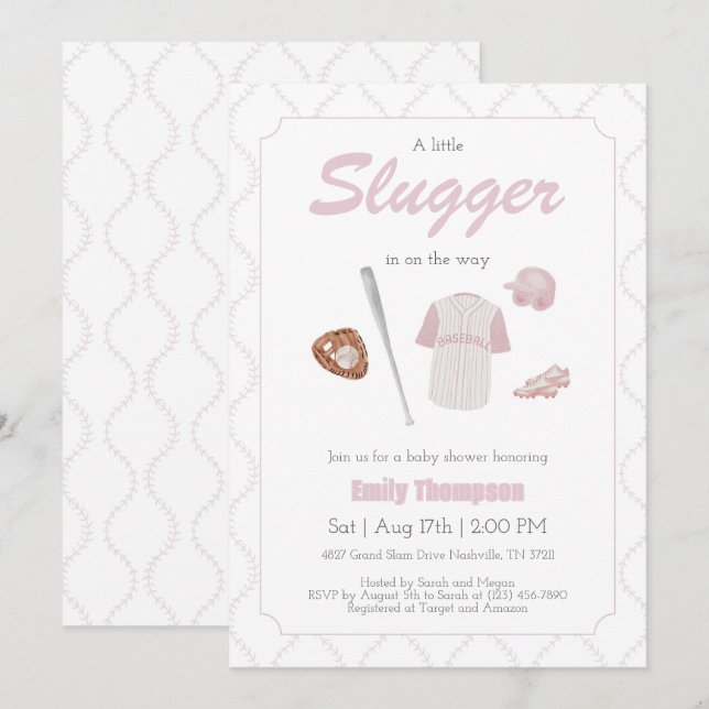 Pink A Little Slugger Baby Shower invitation (Front/Back)