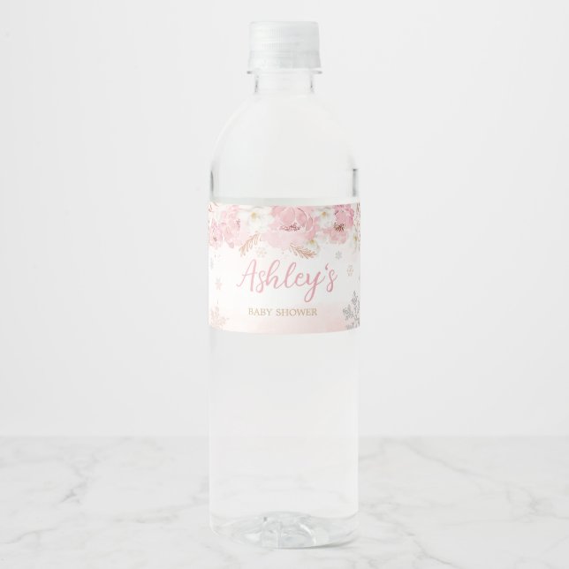 Pink A Little Snowflake Baby Shower  Water Bottle Label (Front)