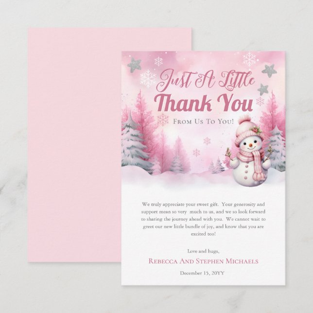 Pink A Little Snowflake | Snow Girl Baby Shower Thank You Card (Front/Back)