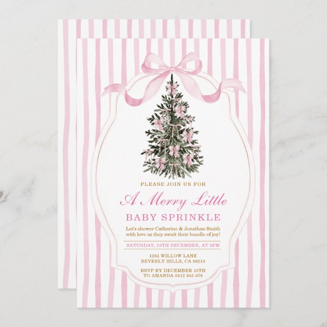 Pink A Merry Little Baby Sprinkle Christmas Tree Invitation (Front/Back)