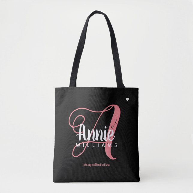 pink A monogram on black Tote Bag (Front)