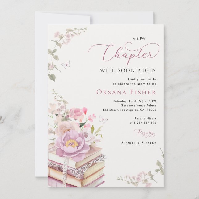 Pink a New Chapter Begins Book Theme Baby Shower Invitation (Front)