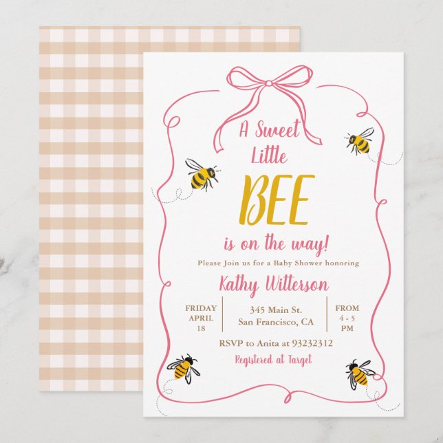 Pink A Sweet little Honey Bee Gingham Baby Shower Invitation (Front/Back)