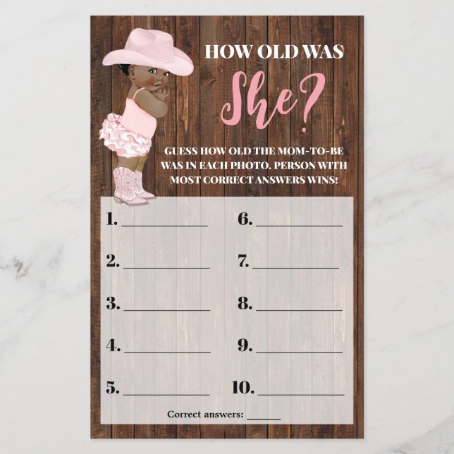 Pink AA Cowgirl How old was She Baby Shower Game Flyer (Front)