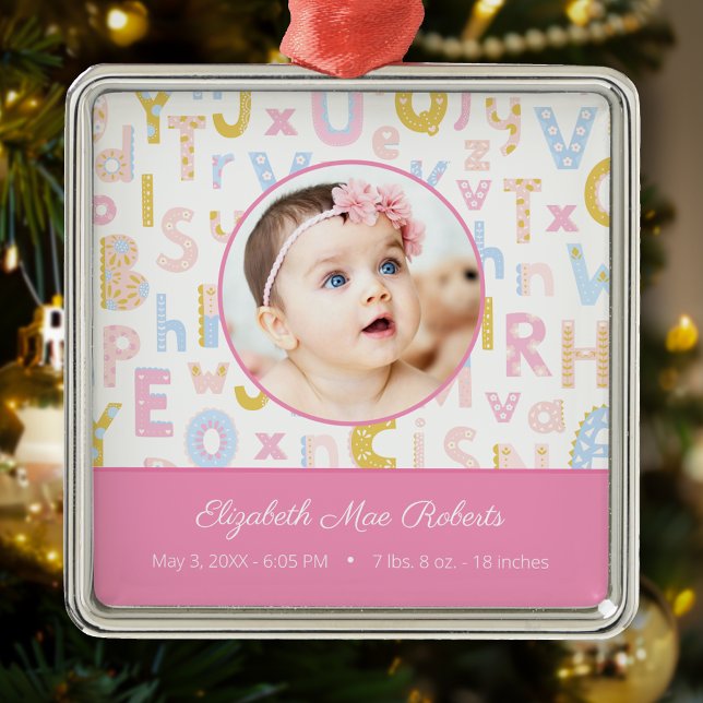 Pink ABC Birth Stat Baby Girls Photo Christmas Metal Tree Decoration (Creator Uploaded)
