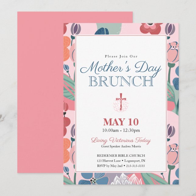 Pink Abstract Floral Church Mother's Day Brunch Invitation (Front/Back)