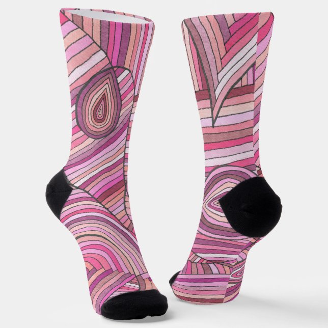 Pink Abstract Geometric Pattern with Curved Lines Socks (Angled)
