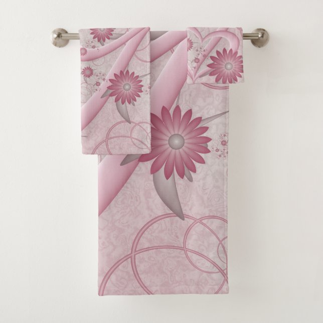 Pink Abstract Hearts & Flowers Love Fractal Art Bath Towel Set (Insitu)