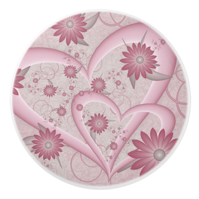 Pink Abstract Hearts & Flowers Love Fractal Art Ceramic Knob (Front)