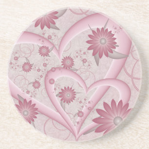 Pink Abstract Hearts & Flowers Love Fractal Art Coaster