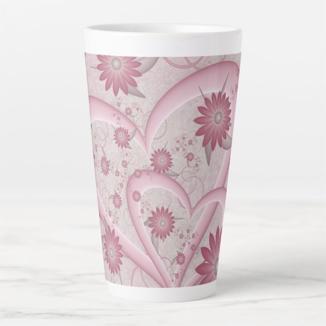 Pink Abstract Hearts & Flowers Love Fractal Art Latte Mug (Front)