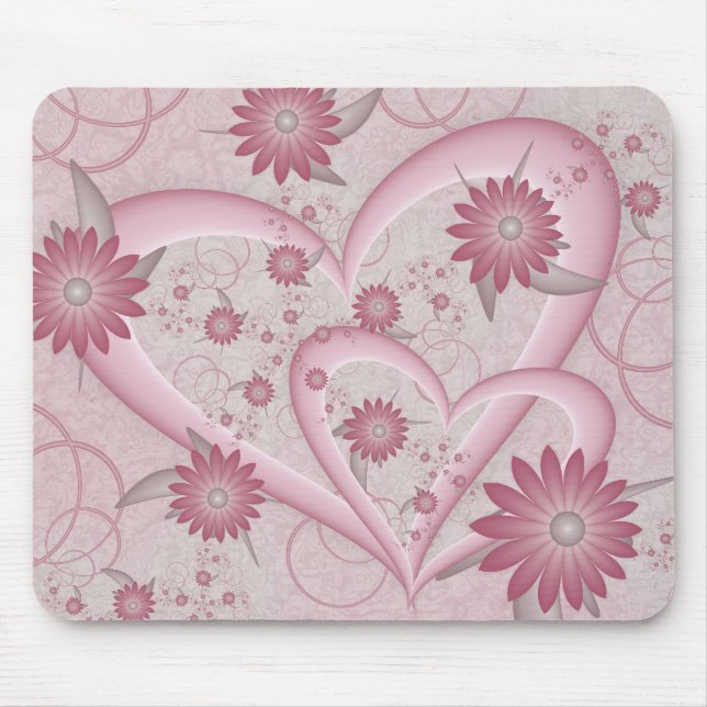 Pink Abstract Hearts & Flowers Love Fractal Art Mouse Mat (Front)