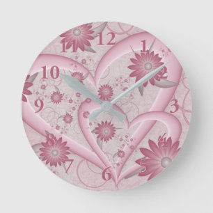 Pink Abstract Hearts & Flowers Love Fractal Art Round Clock