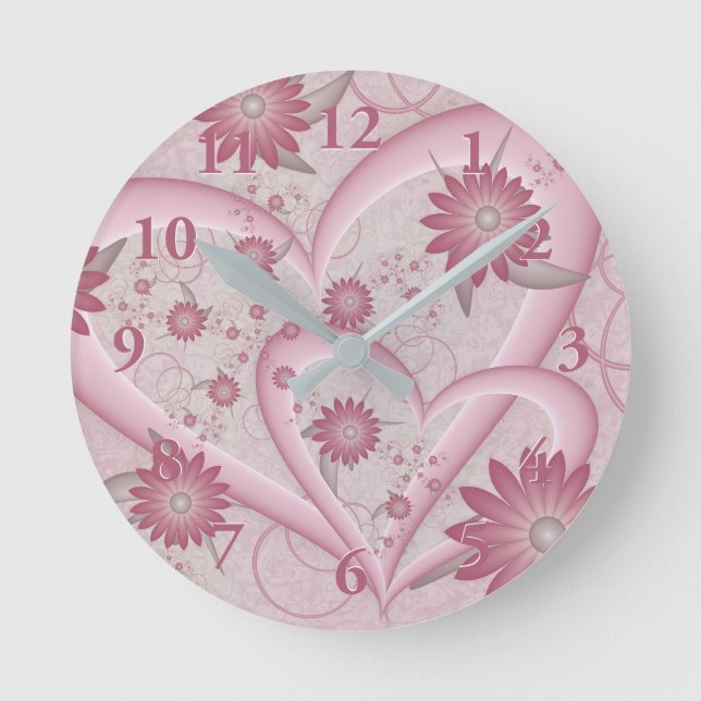 Pink Abstract Hearts & Flowers Love Fractal Art Round Clock (Front)