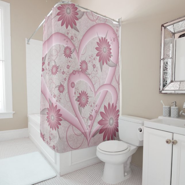 Pink Abstract Hearts & Flowers Love Fractal Art Shower Curtain (In Situ)