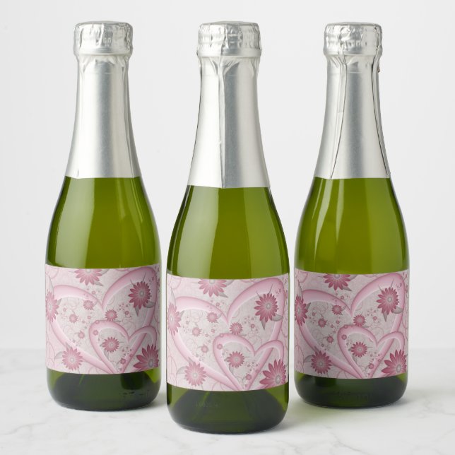 Pink Abstract Hearts & Flowers Love Fractal Art Sparkling Wine Label (Bottles)