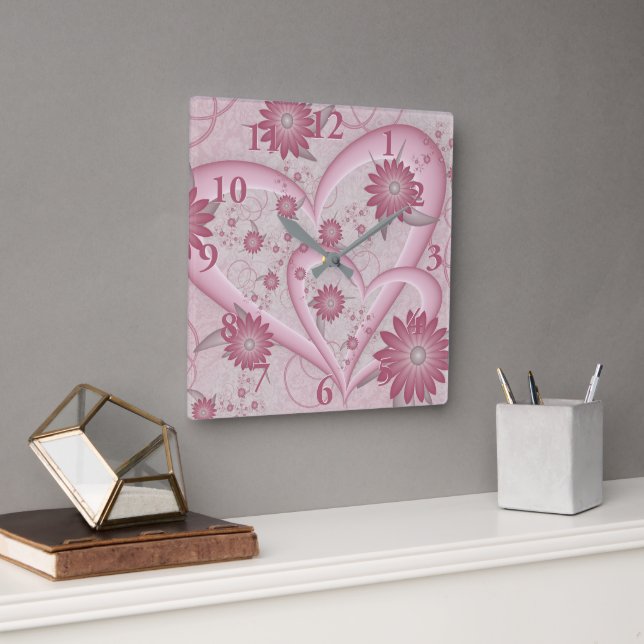 Pink Abstract Hearts & Flowers Love Fractal Art Square Wall Clock (Office)