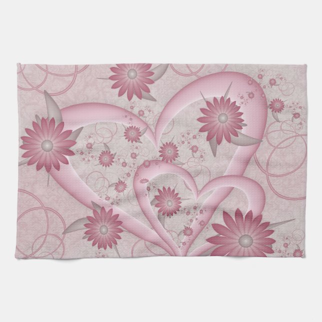 Pink Abstract Hearts & Flowers Love Fractal Art Tea Towel (Horizontal)
