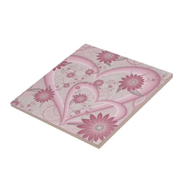 Pink Abstract Hearts & Flowers Love Fractal Art Tile (Side)