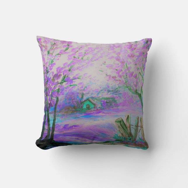 Pink Abstract Landscape with Trees and Cottage Cushion (Front)