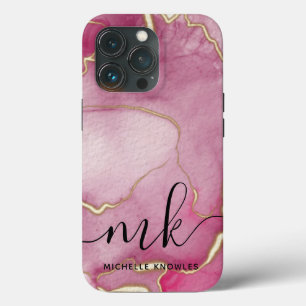 Pink Abstract Marble with Monogram and Name iPhone 13 Pro Case