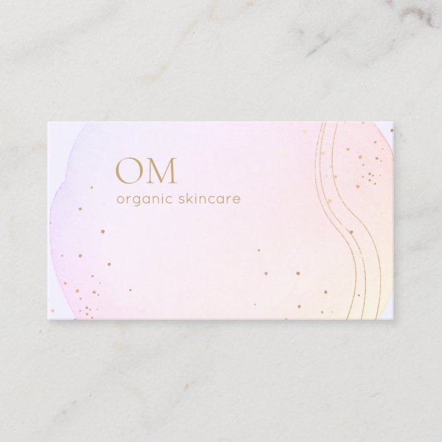 Pink Abstract Ombre Watercolor with Gold Accents Business Card (Front)